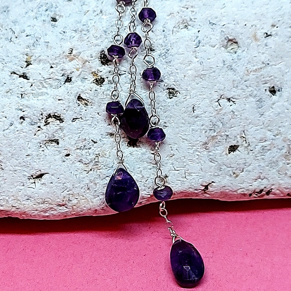 Natural Briolette Amethyst 10x6mm 925‎ Sterling Silver Necklace 17.5" - Picture 5 of 5